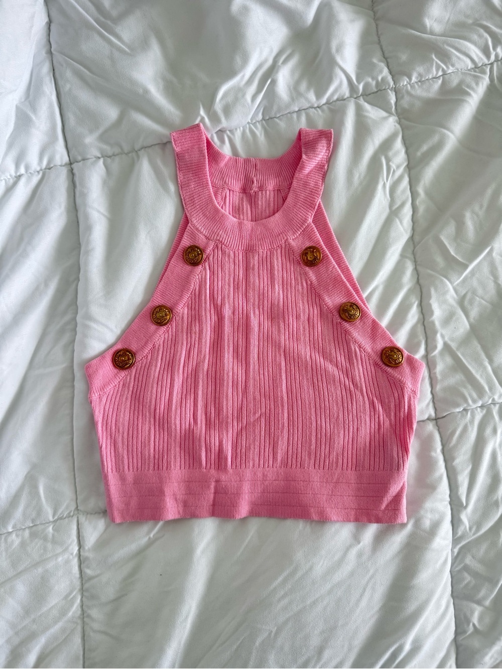 Cider Pink Ribbed Halter Crop Top with Gold Buttons